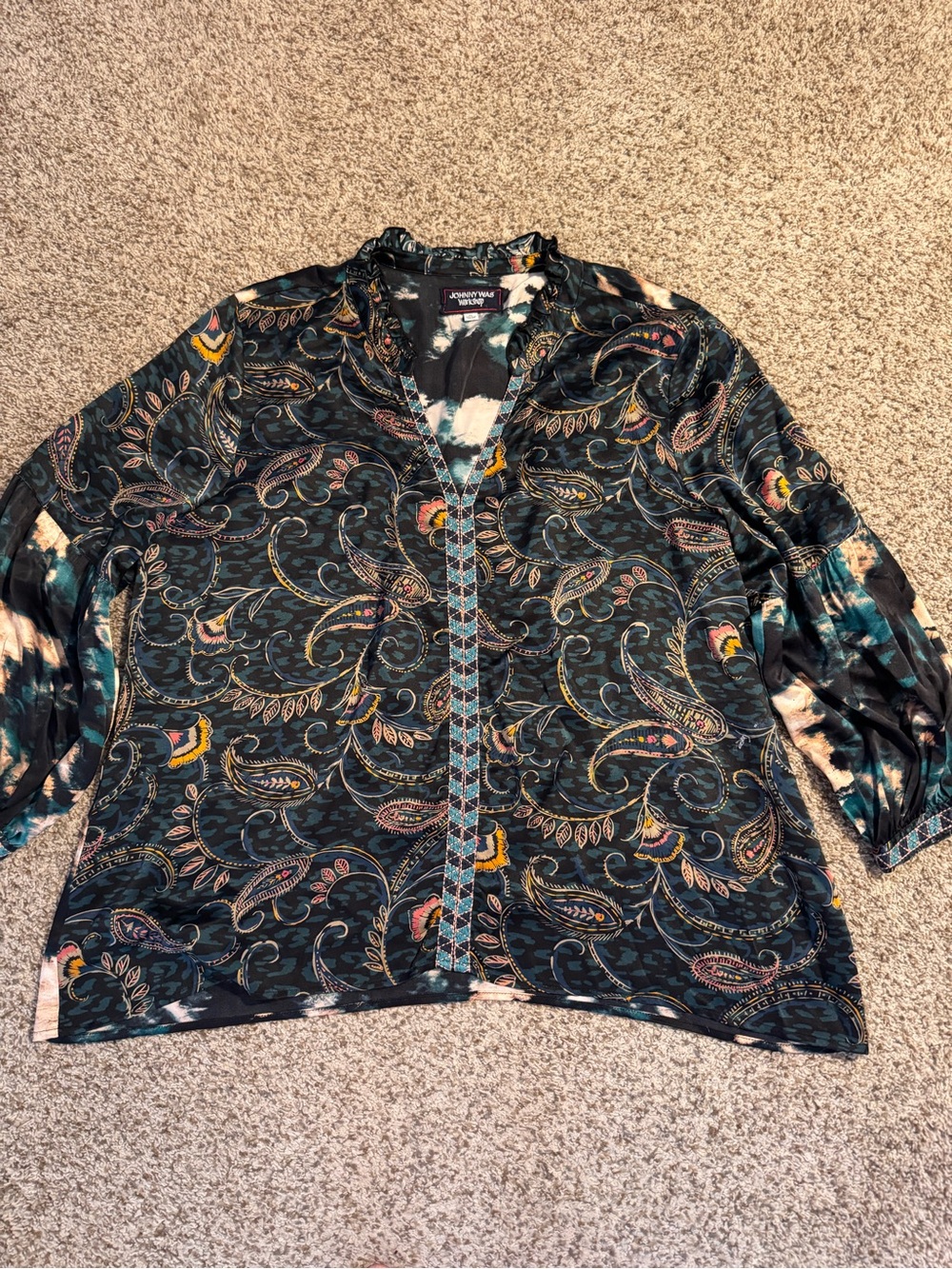 Johnny Was Teal and Multicolor Paisley Pullover Blouse - XL